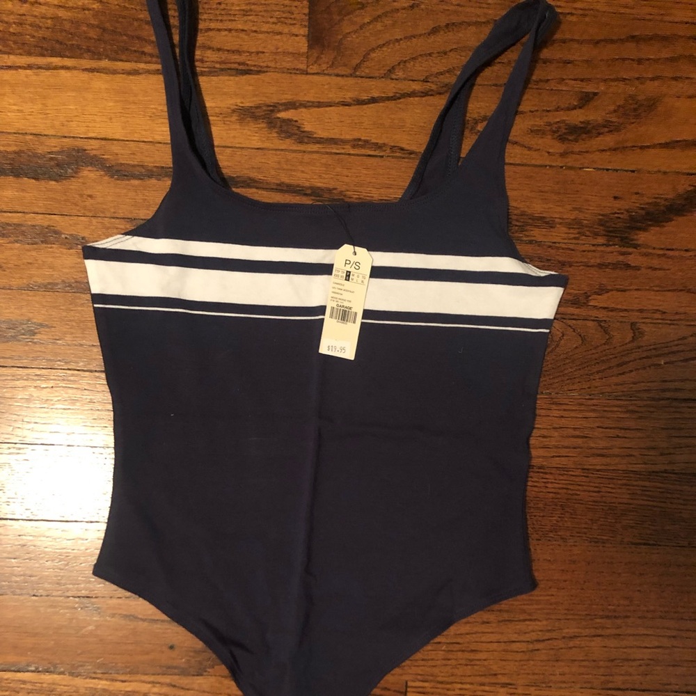 Blue and white body suit